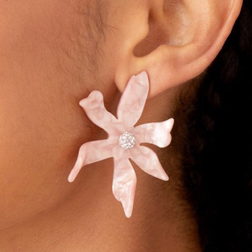 Lele Sadoughi Flower Earrings in Pink Acetate with Pavé Crystal Centers. New!